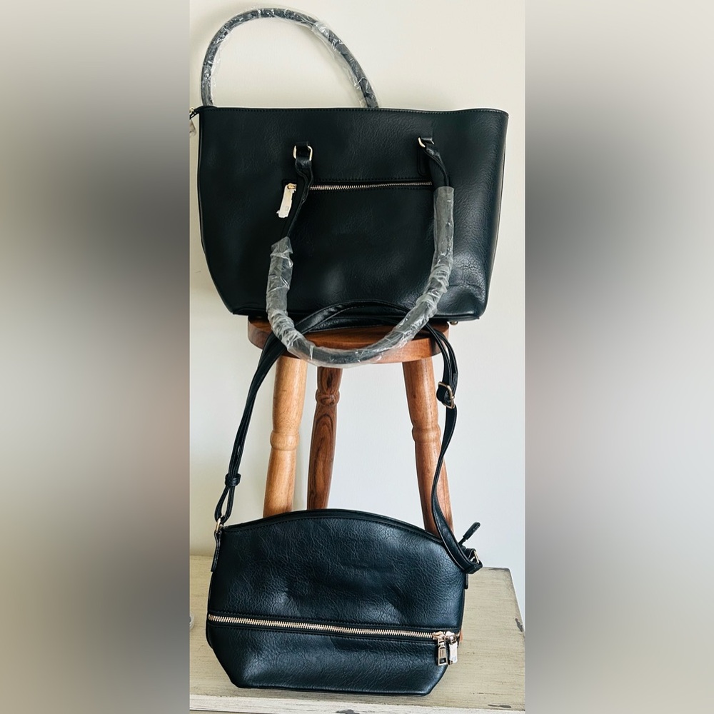 Isabelle vegan leather Black Women's tote Handbag small purse Set of 2